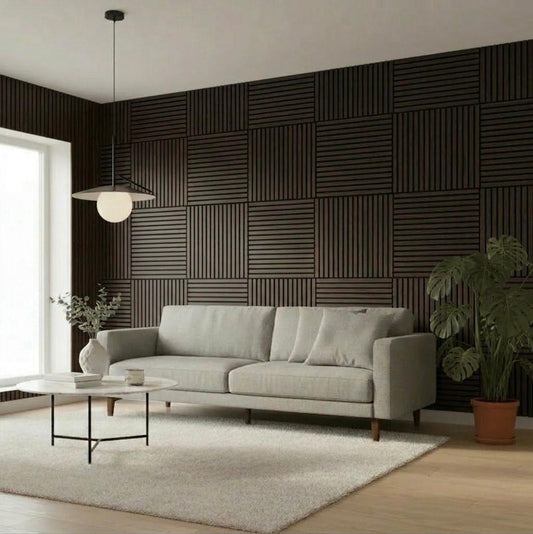 Acoustic Slatted Wall Panel - Smoked Oak - 600mm x 600mm